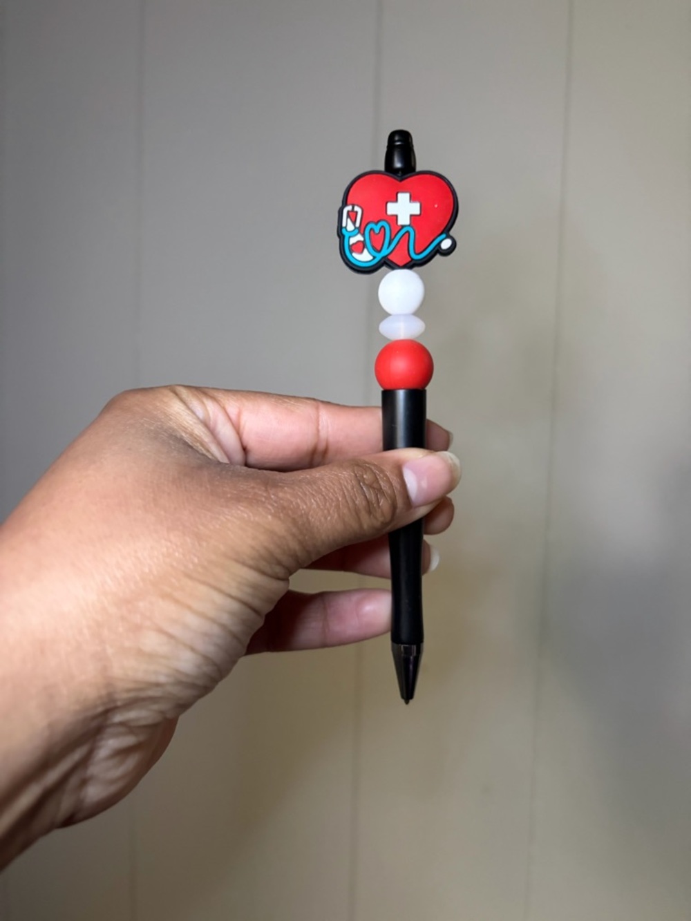 Cute Heart Charm Black Pen with Red and White Beads